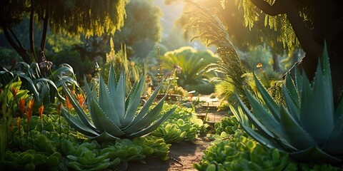 Wall Mural - AI Generated. AI Generative. Nature outdoor plant healthy medicine aloe vera at house garden background. Graphic Art