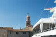 Bell tower in coastal town Krk on the island Krk, Croatia, ferry boat arrival