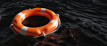 Lifebuoy On Dark Ocean Background. Orange Color Life Buoy Ring, Marine Safety