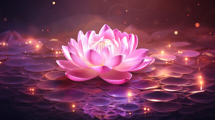 Wall Mural - Lotus pink light purple floating light sparkle purple background. Generative Ai