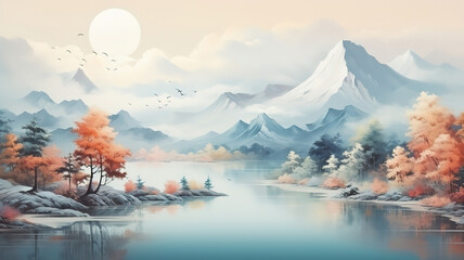 Wall Mural - Minimalistic mountain landscape with watercolor brush in japanese traditional style. Generative Ai