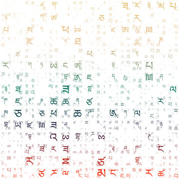Matrix background. Random letters of the Tibetan Alphabet. Gradiented matrix pattern. Contrast red, green, brown color theme backgrounds. Tileable horizontally. Appealing vector illustration.