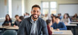 © Farnaces - Portrait of a smiling young university male student in the classroom. Generative AI