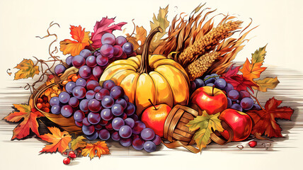 Wall Mural - Basket with pumpkins watercolor thanksgiving background. Generative Ai