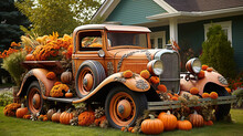Pumpkin Display With Old Vehicle Decorating A Yard, Canada. Generative Ai