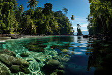 A Panoramic View Of A Tropical Rainforest Meeting A Pristine Beach, With Lush Vegetation, Clear Blue Skies, And Gentle Waves Lapping Against The Shore, Offering An Idyllic Escape