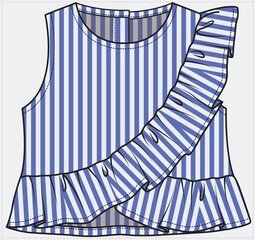 Poster - SLEEVELESS ASYMETTRIC WIDE FRILL DETAIL WOVEN TOP IN STRIPER SEER SUCKER FABRIC DESIGNED FOR WOMEN TEEN GIRLS AND KID GIRLS IN VECTOR FILE