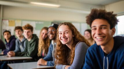 Wall Mural - Happy teenage students in the classroom. Generative AI