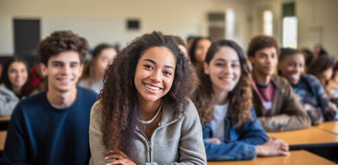 Wall Mural - Happy teenage students in the classroom. Generative AI