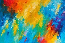 Closeup Of Abstract Rough Colorful Multicolored Art Painting Texture, With Oil Brushstroke, Pallet Knife Paint On Canvas