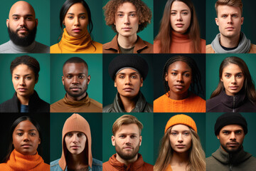  Collage of portraits of young people isolated over multicolored backgrounds. Concept of emotions, facial expression, fashion, beauty
