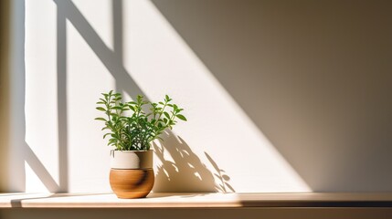 Poster -  a potted plant sitting on top of a wooden shelf.  generative ai