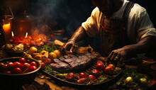 Afro-American Man Preparing Meat And Vegetables On The Grill. Delicious Meal Cooked On Fire. Generative AI.