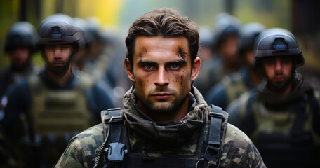 Brunet Caucasian military man with some wounds on the face. Close up portrait. Troop at backdrop. Generative AI.