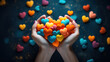Hands holding many colorful hearts, Likes, health insurance, organ donation, volunteer. Generative Ai