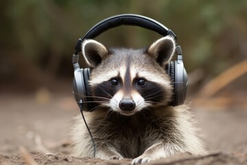 Wall Mural - Harmonious Rascal: A Raccoon in Headphones Discovers the Joy of Melodic Serenades