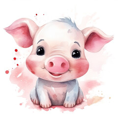 Cute happy smiling baby pig. Watercolor illustration created with Generative Ai technology