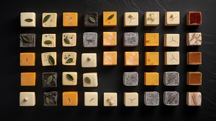 Sticker -  a number of different types of cheeses on a black surface.  generative ai