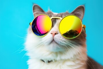 Poster - Funny cat in stylish sunglasses with rainbow lenses