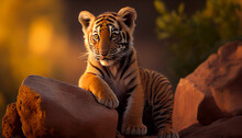 Tiger Puppy Sitting On The Rock Generative By Ai 