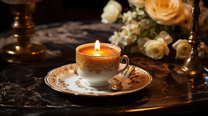 Sticker -  a cup of tea with a lit candle on a saucer.  generative ai