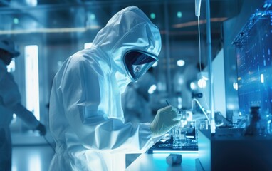 scientist in a clean room covered with a coverall suit working with semiconductors, nanotechnology a