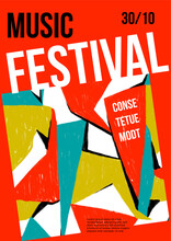 Music Fest Poster Template With Hand Drawn Pattern. Banner With Abstract Geometric Pattern With Colorful Blocks In Red, Turquoise And White Color. Retro Texture. Festival Placard With Typography