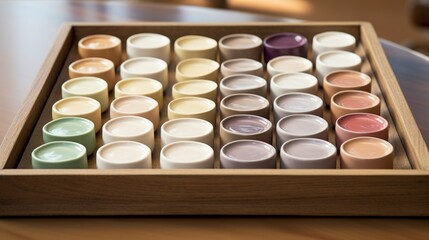 Sticker -  a wooden box filled with lots of different colored cups on top of a table.  generative ai