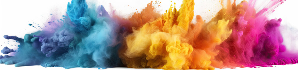 Wall Mural - Multicoloured holi powder explosion on a white background. Panoramic view. Generative AI