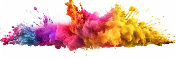 Wall Mural - Multicoloured holi powder explosion on a white background. Panoramic view. Generative AI