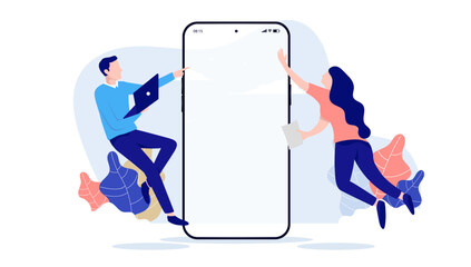 Poster - Developers working - Two people flying and doing work on blank smartphone screen mockup. Flat design vector illustration with white background