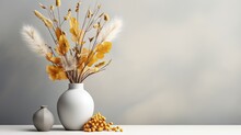  A White Vase Filled With Yellow Flowers Next To A Gray Vase.  Generative Ai