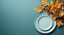  Two Plates With Autumn Leaves And Acorns On A Blue Background.  Generative Ai