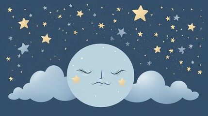 Wall Mural -  a cartoon moon with its eyes closed and stars in the sky.  generative ai