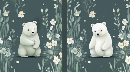 Poster -  two polar bears sitting in front of a floral wallpaper.  generative ai