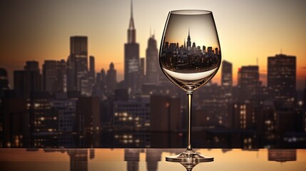 Wall Mural -  a glass of wine with a city skyline in the background.  generative ai