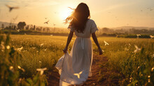 A Young Pretty Woman With Long Brown Hair In A Long White Dress Is Walking Through A Field In The Evening. Generative AI