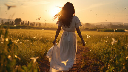 a young pretty woman with long brown hair in a long white dress is walking through a field in the ev