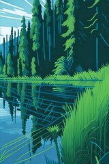  Forest lake landscape. AI generated illustration