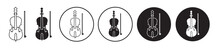 Violin With Bow Icon Set. Simple Vintage Music Violin Vector Symbol For Mobile App, And Website UI Design.