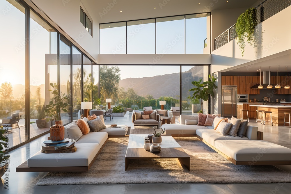 Vibrant modern living room interior in new luxury home with open ...