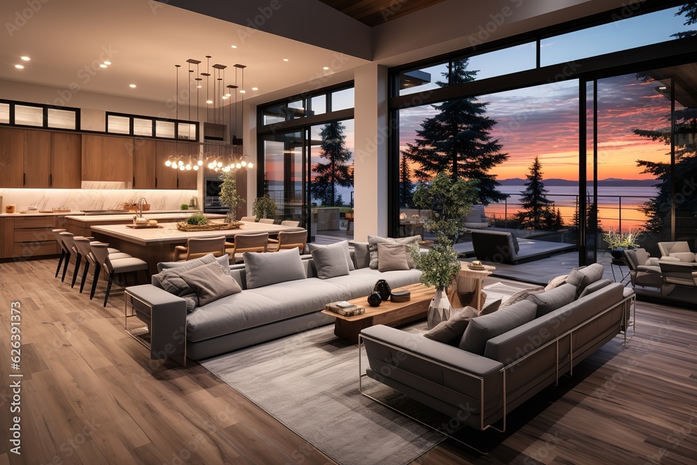 Vibrant modern living room interior in new luxury home with open ...