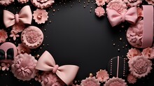  A Black Background With Pink Flowers And Pink Bows On It.  Generative Ai