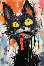 Funny Expressionist Black Cat Cartoon Illustration Made With Generative AI