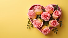  A Heart Shaped Box Filled With Pink Roses On A Yellow Background.  Generative Ai