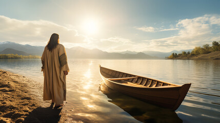 jesus christ on the shore of the lake with a boat. the preaching of christ. christian religious back