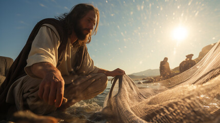 Wall Mural - Jesus Christ is fishing with fishermen. Christian religious background, banner.