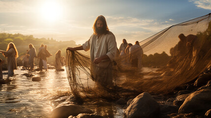 Jesus Christ is fishing with fishermen. Christian religious background, banner.
