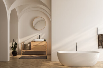 bright bathroom interior with wooden vanity, bathtub, parquet floor