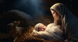Christmas. The Virgin Mary with the newborn Jesus Christ in a manger in a cave with a lamb. The nativity scene. Christian religious illustration, background, banner